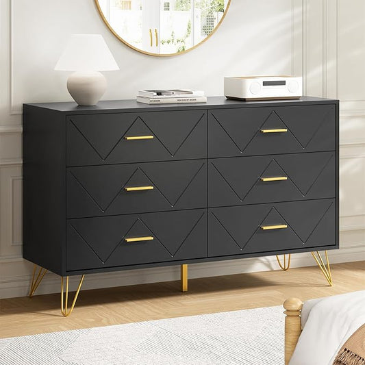 Black Dresser for Bedroom, 6 Drawer Dresser with Golden Handles, Wood Modern Double Chest for Hallway, Entryway