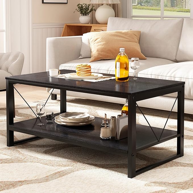 Rectangle Coffee Table Tea Table with Storage Shelf, Farmhouse Wooden Coffe Table for Living Room Table, 40" Rustic Center Table 2-Tier Minimalist Coffee Table Easy Assembly (Black)