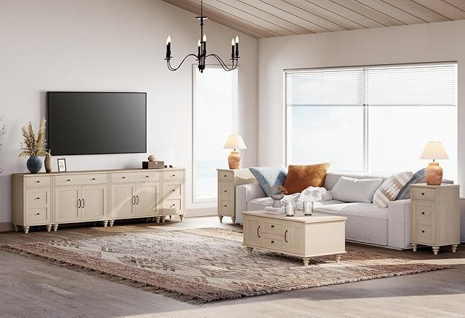 WAMPAT Farmhouse TV Stand for 100 Inch TV, 4-in-1 TV Console Table for 75/80/85/90 Inch TV, Entertainment Center with Charging Station, Kitchen Sideboard Buffet Cabinet for Dining Room, Light Oak