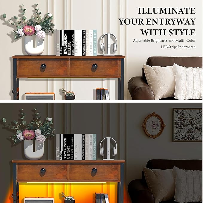 32" Entryway Table with Outlets: Console Table with 2 Wood Drawers and Storage Shelves, USB Ports, LED Light Strip, for Sofa, Living Room, Hallway, Foyer, Couch, and TV Stand