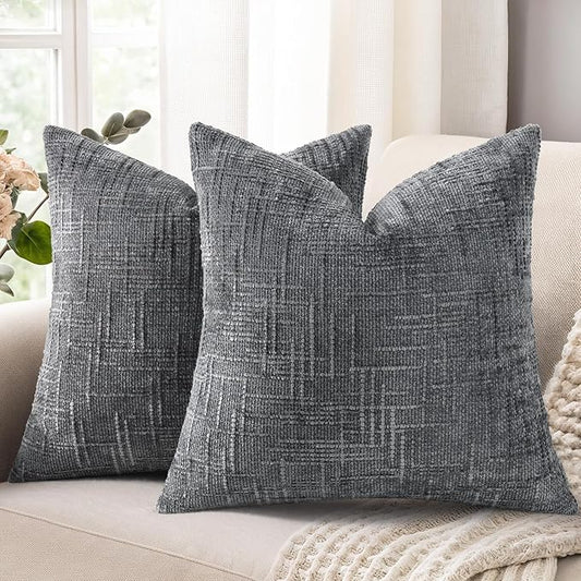 decorUhome Dark Grey Chenille Throw Pillow Covers 18x18 Set of 2 Thick Textured Slubby Couch Pillow Covers Farmhouse Accent Modern Neutral Decorative Pillow Cases for Bed Sofa Living Room