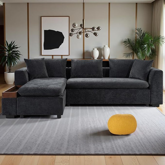 93.7" Sectional Couch, Upholstered Modular Sofa L Shaped Couch with Storage Compartment, Sectional Couches for Living Room and Office, Black