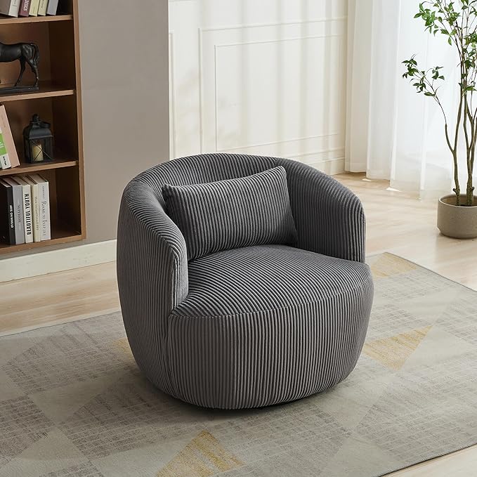Aoiy & Wifon 34.25" W Swivel Barrel Chair, Upholstered Round Small Accent Chair, Single Comfy Barrel Chair for Living Room, Corduroy, Charcoal