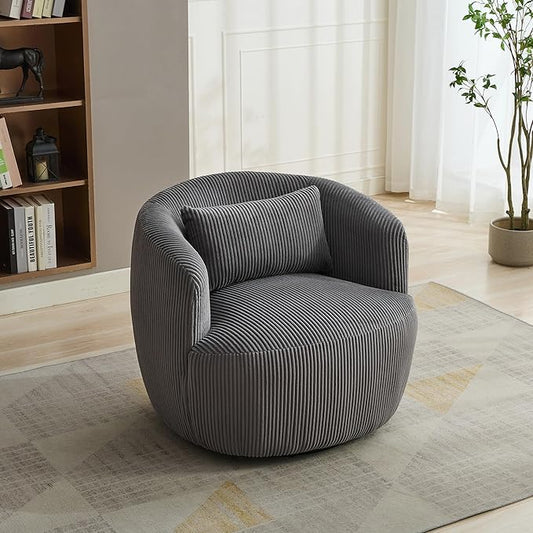 Aoiy & Wifon 34.25" W Swivel Barrel Chair, Upholstered Round Small Accent Chair, Single Comfy Barrel Chair for Living Room, Corduroy, Charcoal