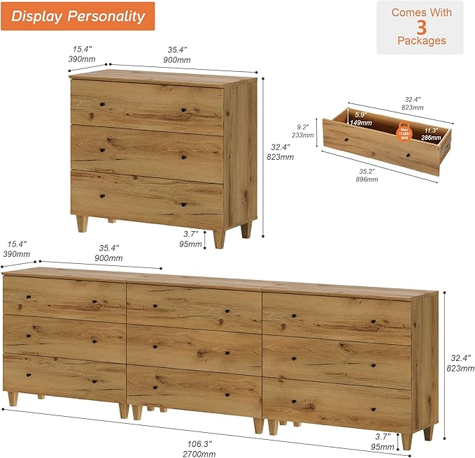 WAMPAT TV Stand Dresser for 100+ Inches TVs, 3-in-1 Wood Media Console Table with 9 Drawers, Modern Highboy Entertainment Center with Storage for Living Room Bedroom, Oak Brown