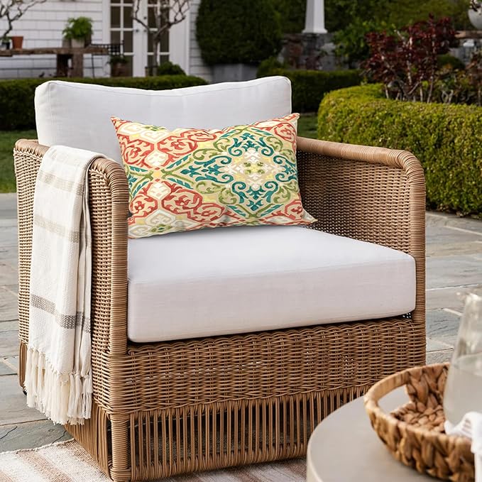 Pack of 2 Outdoor Lumbar Pillow Covers, All Weather Cushion Pillow Cases 12x20 Inch, Pillowcase for Patio Couch Decoration, Geometric Orange