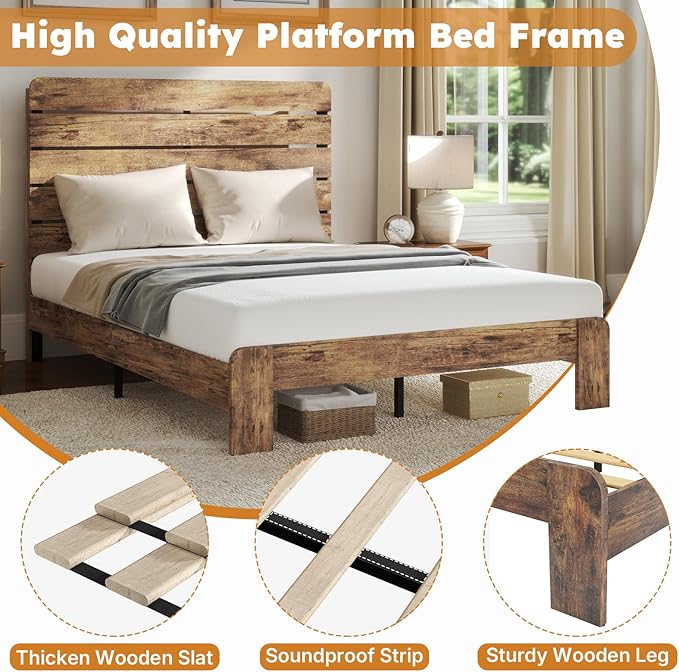 Full Size Bed Frame, Full Heavy Duty Bed Frame, Platform Bed Frame with Wood Headboard & Footboard, Noise Free, No Box Spring Needed, Brown