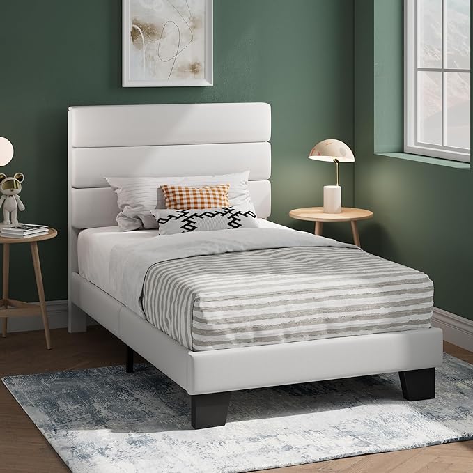 SHA CERLIN Twin Platform Bed Frame with Velvet Upholstered Headboard, Mattress Foundation with Strong Wooden Slats Support, No Box Spring Needed, White