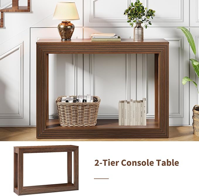Mid-Century Fluted Console Table with Storage, Narrow Wooden Entryway Sofa Table Behind The Couch Small Entry Table for Entryway, Front Hall, Hallway Living Room, Walnut