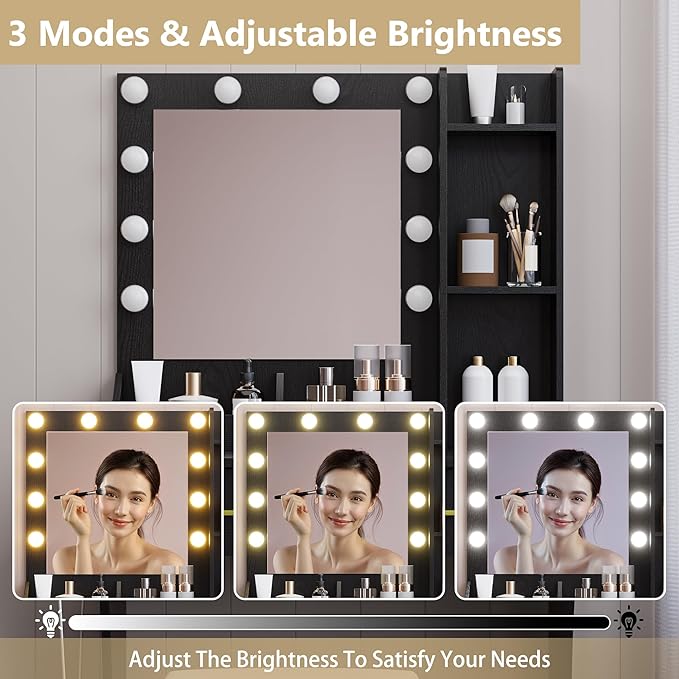 Black Vanity Mirror with Lights Desk and Chair, Small Makeup Vanity Set with Charging Station, Dressing Table with 2 Large Drawers, RGB Ambient Light, 3 Lighting Modes & Adjustable Brightness