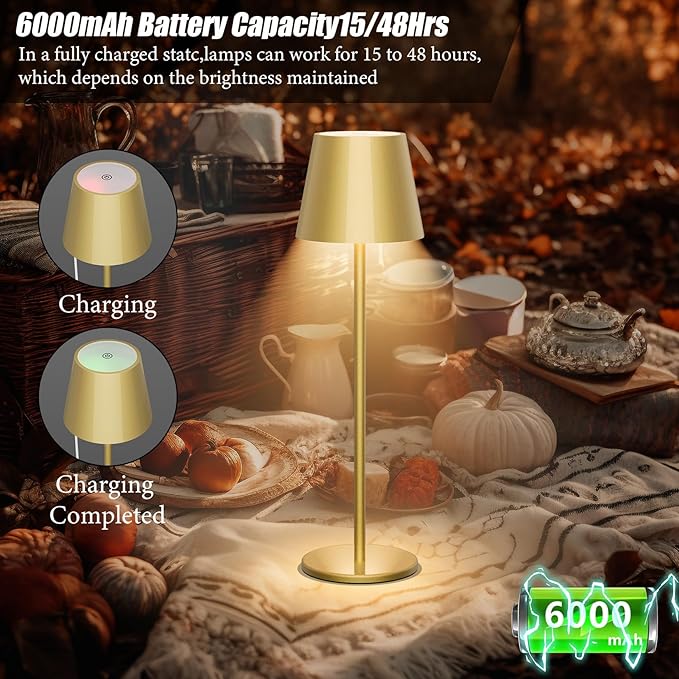 Aipsun 2 Pack Gold Table Lamp LED Modern Rechargeable Portable Table Light 6200mAh Battery Powered Table Lamp 3 Color Temperature Stepless Dimming Cordless Touch Lamps