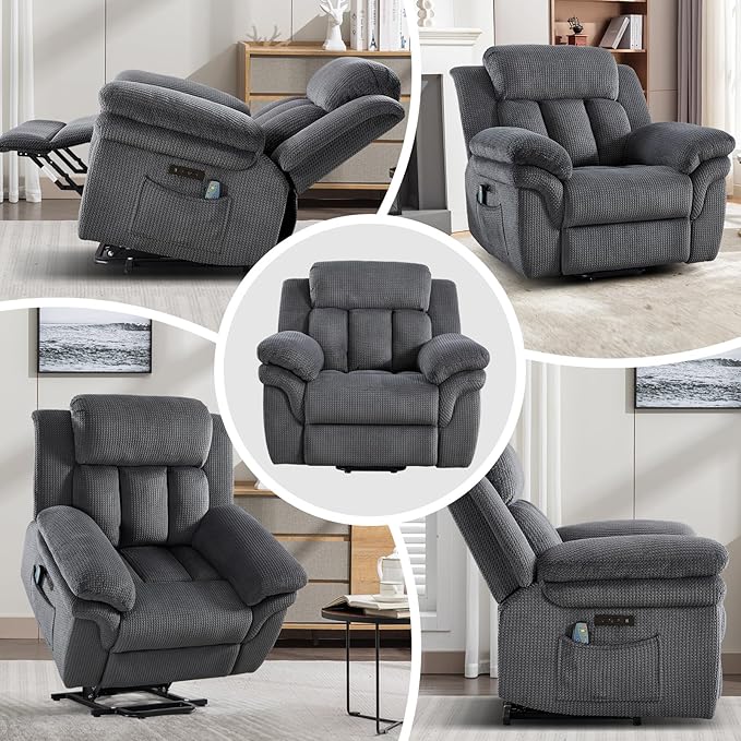 Phoenix Home Oversize Power Lift Recliner Chair with Heat & Massage for Elderly, Extra Large Electric Chair for Adult, Recliners for Living Room,2 Side Pockets, USB and Type-C Port, Dark Grey