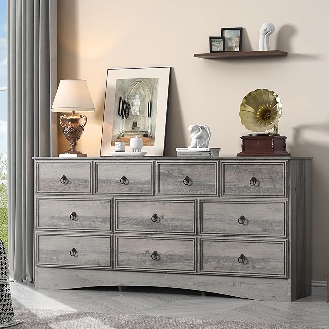 63”W Dressers for Bedroom, Grey Dresser with 10 Deep Drawer, Long Dressers & Chests of Drawers for Clothes, Easy Pulls Handle, Textured Borders, for Living Room, Hallway,Taupe Grey