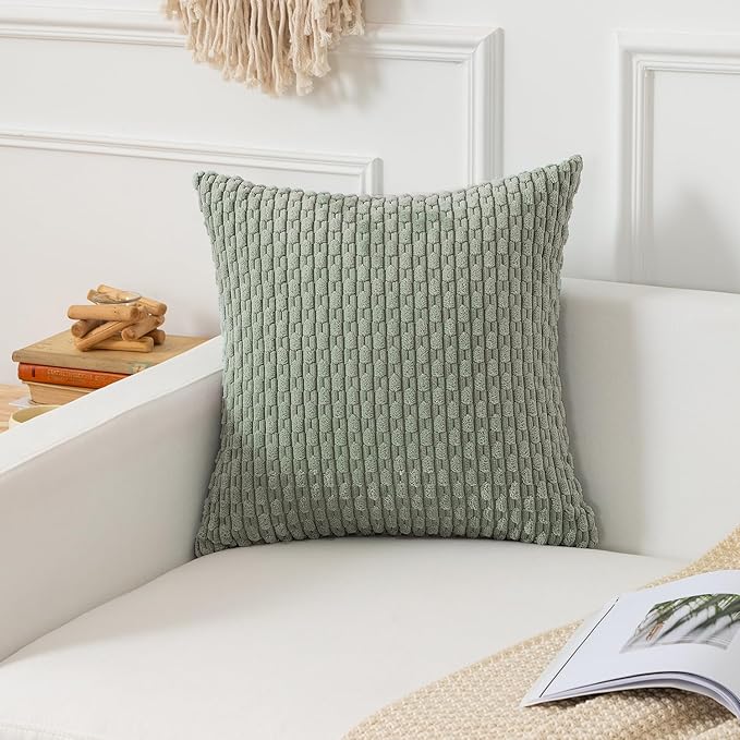 Kevin Textile Throw Pillow Covers Soft Corduroy Decorative Set of 2 Boho Striped Pillow Covers Pillowcases Farmhouse Home Decor for Couch Bed Sofa Living Room 26x26 Inch Greyish Green