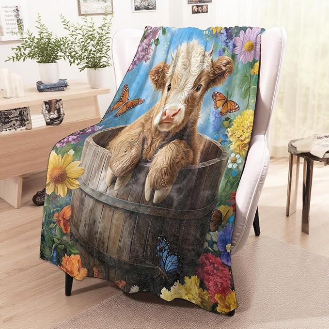 Cute Highland Cow in Barrel Blanket, Cozy Flannel Calf and Flowers Throw Blanket for Couch Outdoor, Plush Soft Lightweight Travel Blankets for Bed Decor and Gifts, for Women Adults Kids 50"x60"