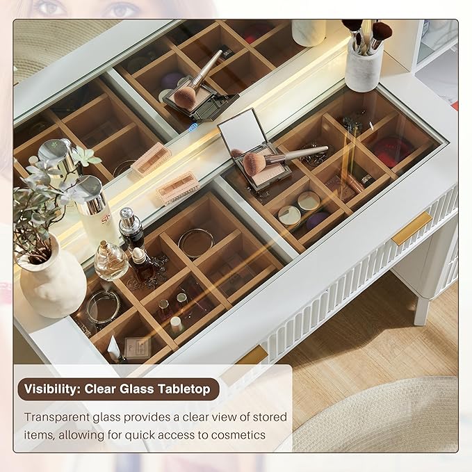 T4TREAM 48" Fluted Makeup Vanity Desk with Large 36" Mirror and Lights, Modern Glass Top Big Vanity Table with 5 Drawers & Adjustable Shelves, Dressing Table Set w/Charging Station for Bedroom, White