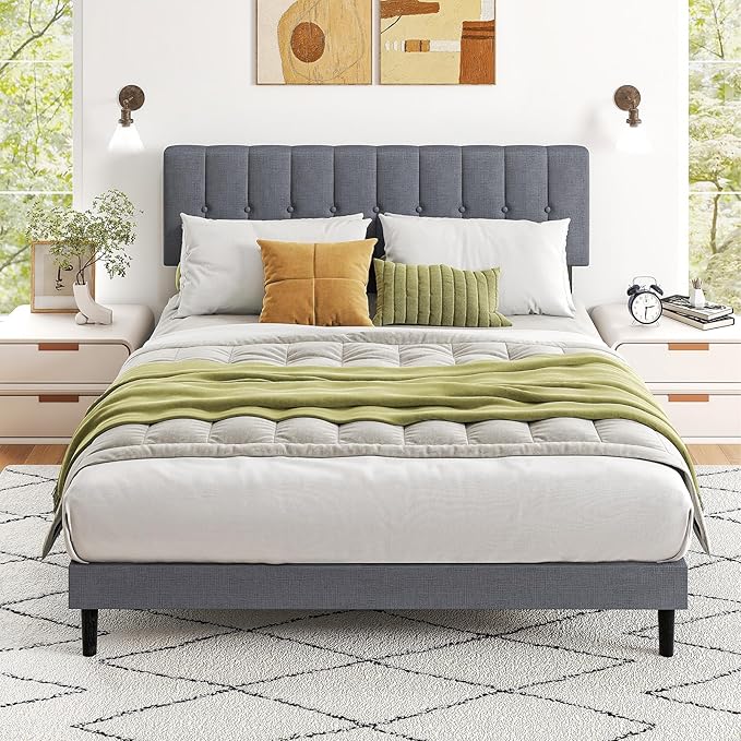 Sweetcrispy Queen Size Bed Frame - Fabric Upholstered Platform Bed with Headboard, 800LBS Sturdy Wooden Slats Support, No Box Spring Needed, Noise Free, Easy Assembly, Grey