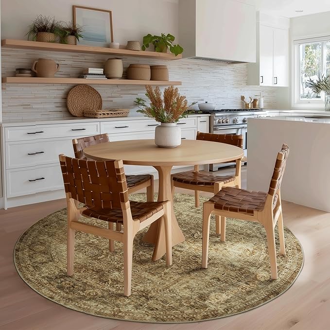 FMFUNCTEX 6ft Round Washable Area Rug Brown Vintage Neutral Distressed Non Slip Carpet for Living Room Bedroom Soft Low Pile Indoor Mat Retro Floral Throw Rug for Dining Room Office Nursery Entry