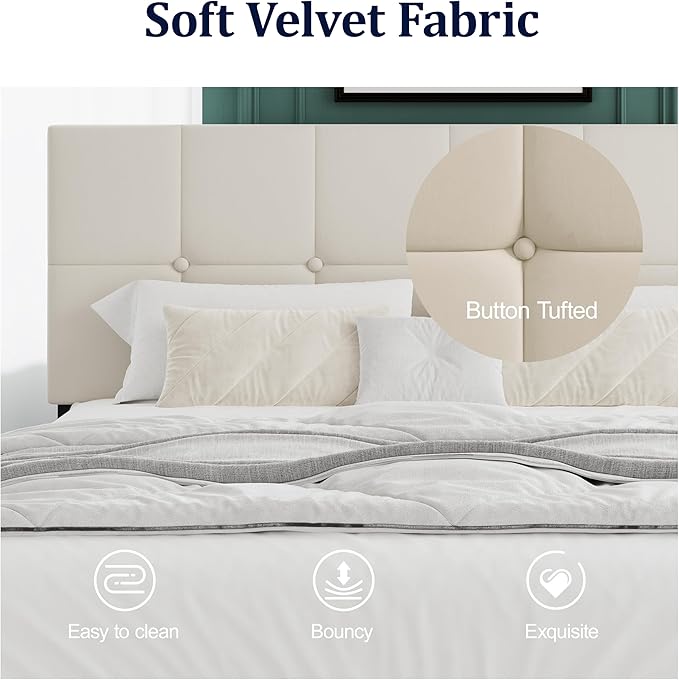 Queen Size Bed Frame, Queen Size Platform Bed Frame with Headboard, Upholstered Headboard, Sturdy Wooden Slats, Noiseless No Box Spring Required, Easy to Assemble, Beige