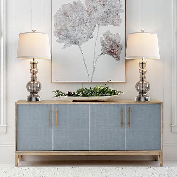 Hamucd 3-Way Dimmable Touch Control Clear Grey Glass Table Lamps Set of 2 with USB A+C for Modern Comtemporary Bedroom Nightstand Living Room Decor(Bulbs Included) (Grey)