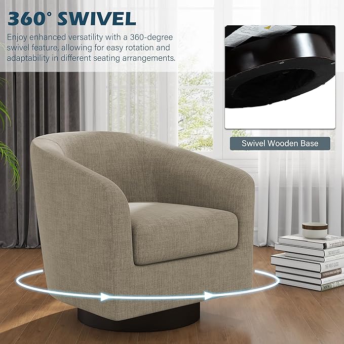UIXE 360° Swivel Barrel Accent Chair Armchair, Modern Round Club Arm Chair Upholstered Living Room Single Sofa Seating Bedroom Side Reading Seat in Fabric for Home Office (Flax Brown)