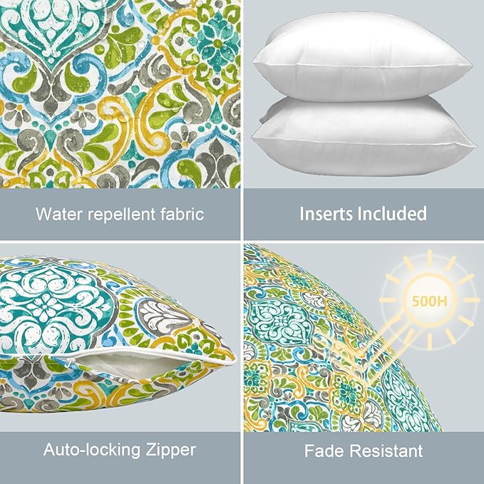 LVTXIII Outdoor/Indoor Throw Pillows, Decorative Patio Accent Pillows, Fluffy Water Repellent Garden Cushions for Home Patio Coach Sofa Use, 16×16 Inch, Pack of 2, Damask Green