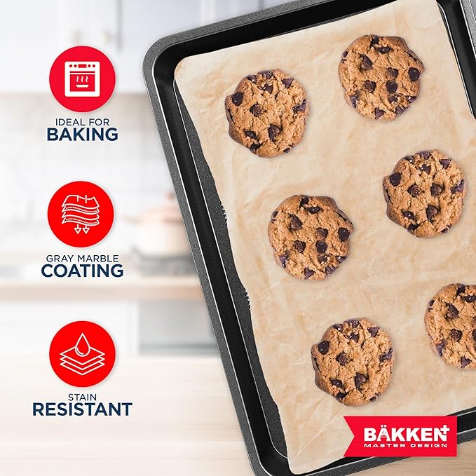 BAKKEN Kitchen Baking Pans - Nonstick Gray Coating, 13.58’’ × 9.65’’ Commercial Grade Carbon Steel Cookie Sheet, Diamond Texture Bottom, PFOA, PFOS, PTFE Free, Oven Safe Tray (450°F), Gray
