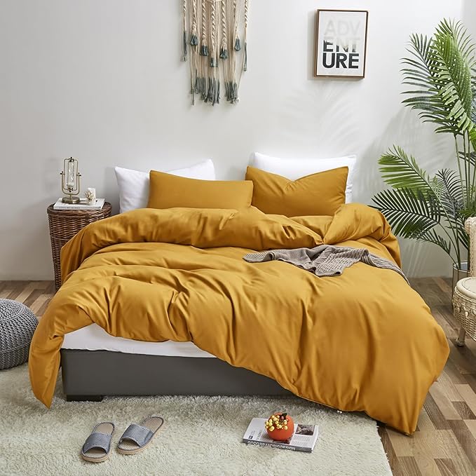 Luxlovery Mustard Yellow Comforter Set Full Dark Yellow Bedding Sets Full Size Ginger Quilts Blanket Comfy Lightweight Cozy Solid Color Comforter Set for Women Men