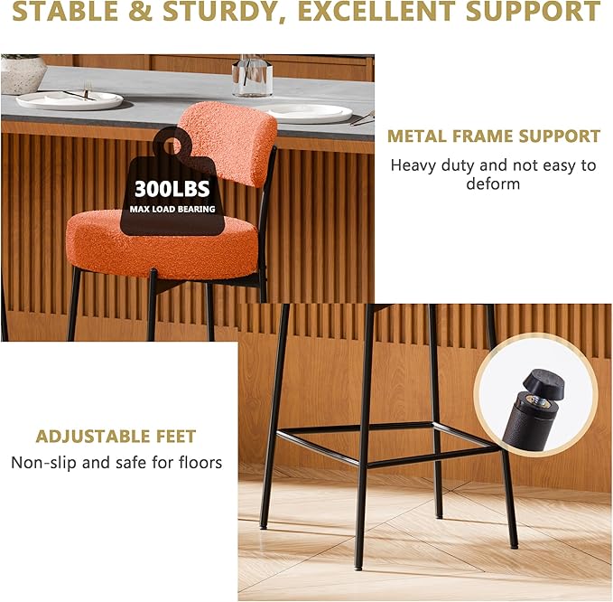 DYHOME Bar Stools Set of 3, 24 Inches Modern Counter Height Bar Stools with Curved Back Metal Legs, Orange Upholstered Boucle Barstools for Kitchen Island, Cafe