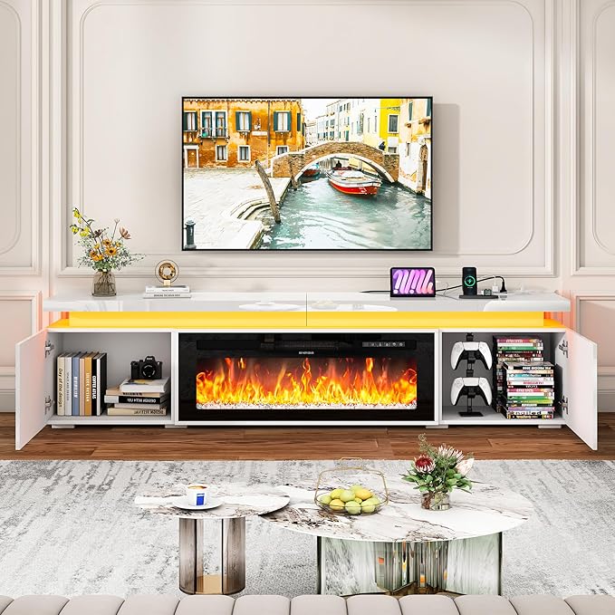 Fireplace TV Stand for 80" TV, 71" LED TV Stand with 40" Electric Fireplace & Power Outlet, High Gloss Surface, 2 Storage Cabinet, Modern Style (71 Inch, White