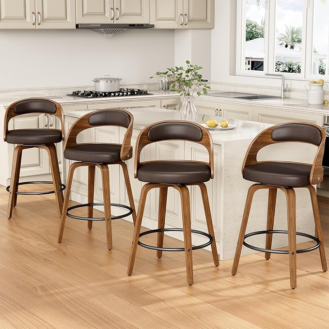 Swivel Bar Stools Set of 6, 26" Counter Height Bentwood Barstool, Mid-Century Modern PU Leather Upholstered Bar Chair with Back and Footrest, for Kitchen Island, Bar, Cafe, Dining Room, Brown