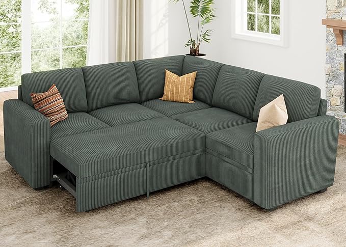 HONBAY Sectional Sleeper Sofa with Pull Out Bed, Corduroy L Shaped Couch with Storage, Modular Sectional Couches for Living Room, Green