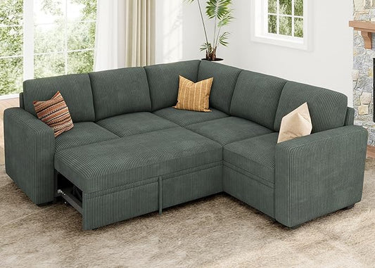 HONBAY Sectional Sleeper Sofa with Pull Out Bed, Corduroy L Shaped Couch with Storage, Modular Sectional Couches for Living Room, Green