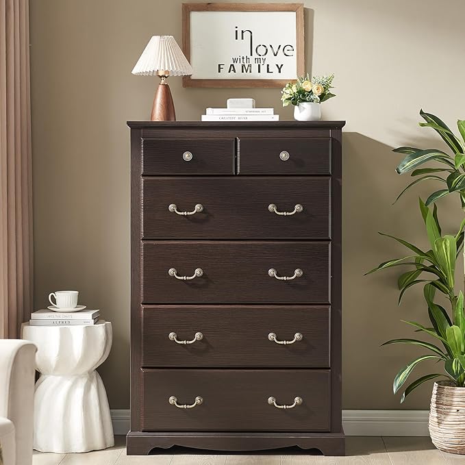 AMERLIFE Farmhouse 6 Drawers Dresser for Bedroom, Wood Antique Chest of Drawers with Metal Handle, Tall Dresser Organizer for Hallway, Entryway, Espresso