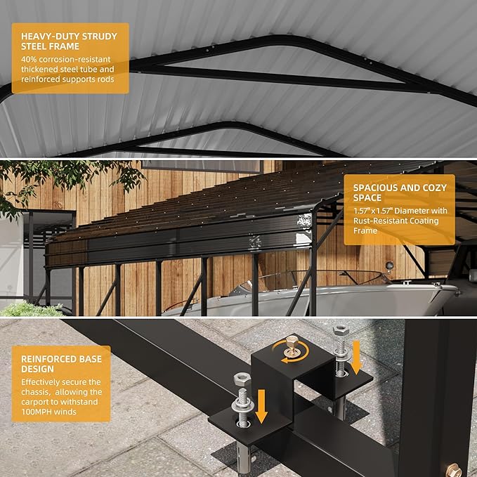 20x30FT Metal Carport Kits with Galvanized Steel Roof, Heavy Duty Metal Roof Carport with Enhanced Base, TallMetal Carports Kits Garage for Tractors, Pickup, Boat, Car