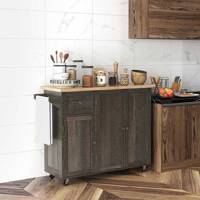 HOMCOM Triple-Cabinet Rolling Kitchen Island on Wheels, Kitchen Cart with Storage Shelf Adjustment, Rolling Utility Cart with Wood Top, Towel Rack, Big Drawer, Distressed Brown
