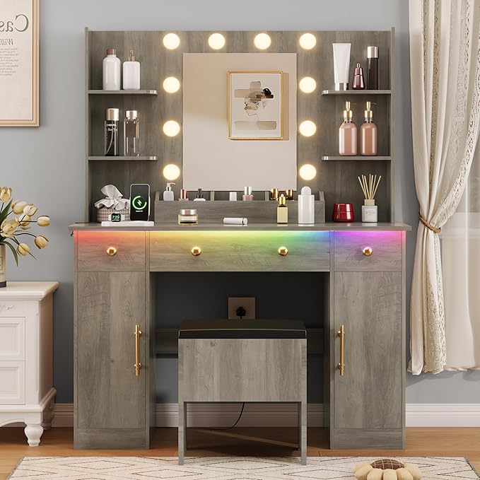 Vanity Desk with Mirror and Lights,Grey Makeup Vanity with Charging Station & Stool, 3 Drawers and Cabinets, Farmhouse Vanity Mirror with RGB LED Lights Makeup Desk and Chair for Women