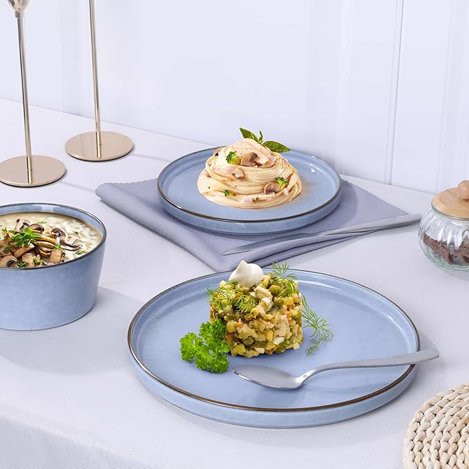 Herogo 12-Piece Stoneware Dinnerware Set for 4, Dinner Plates and Bowls Sets, Double Reactive Glaze Dishware Place Setting for Kitchen, Scratch Resistant, Microwave Safe, Haze Blue