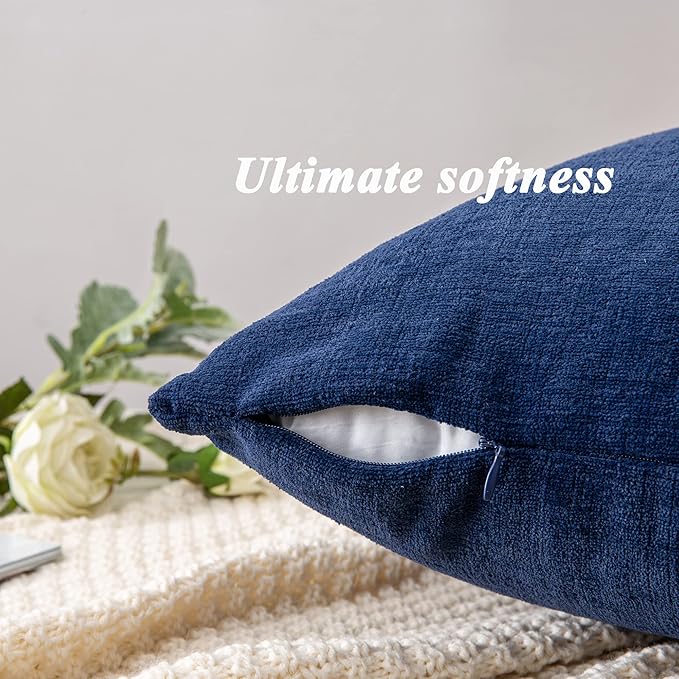 GAWAMAY Decorative Chenille Throw Pillow Covers 24x24 Inch Pack of 2, Soft Square Couch Pillow Cover for Sofa Cushion Living Room Bedroom Solid Dyed Pillowcases Navy Blue 60x60cm (ONLY Covers)