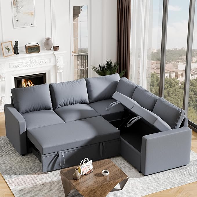 Sleeper Sofa Bed, Modular Sectional Couch with Pull Out Bed, L Shaped Sectional Convertible SofaBed with Storage Seat, for Living Room Apartment Bedroom Office Gray Linen