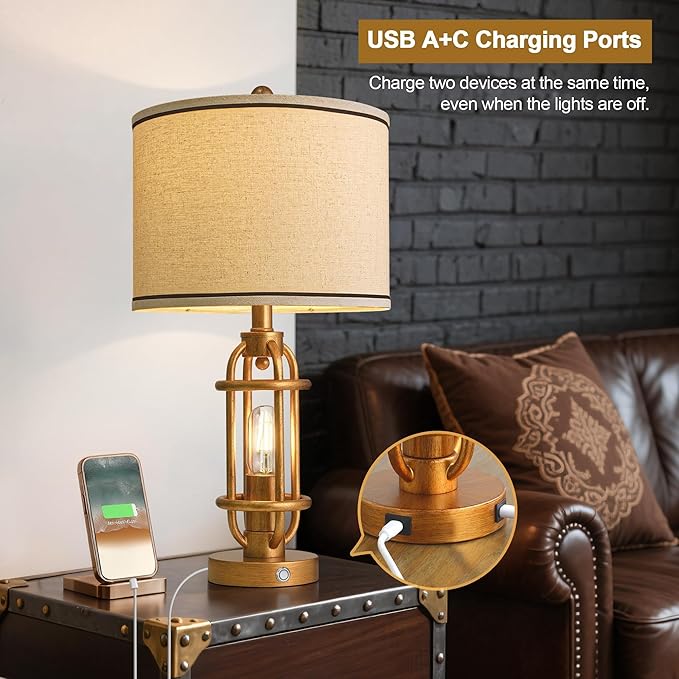 23.75'' Table Lamps Set of 2 for Living Room Bedroom Industrial Farmhouse Metal Touch Lamps with USB A+C Ports, Night Light Vintage Nightstand Bedside Lamp, Bulbs Included, Antique Gold
