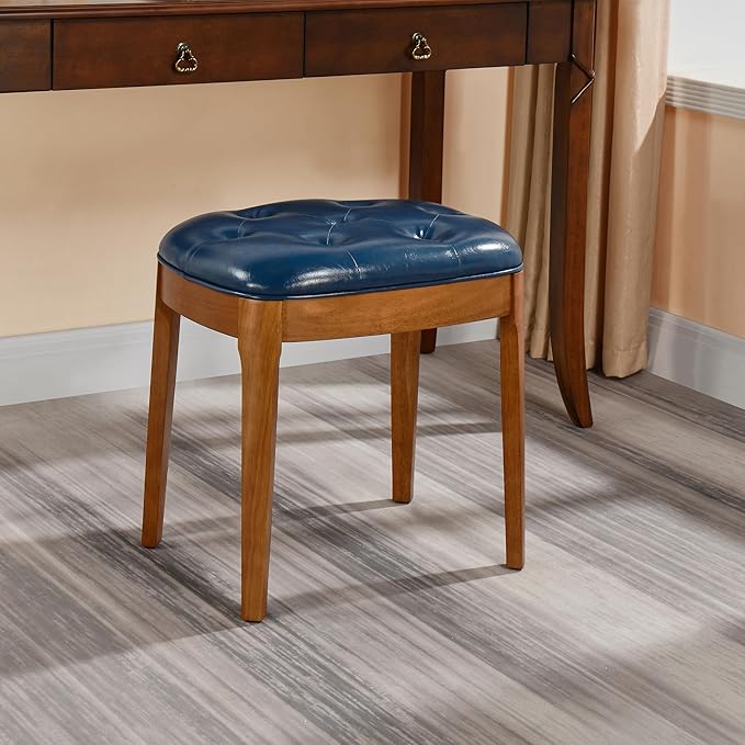 Solid Wood Button Tufted Vanity Stool, Ottoman Stool with Wood Legs & Padded Seat PU Leather Upholstered Piano Bench with Non-Slip Foot Pads Accent Stool for Bedroom Entryway, Blue