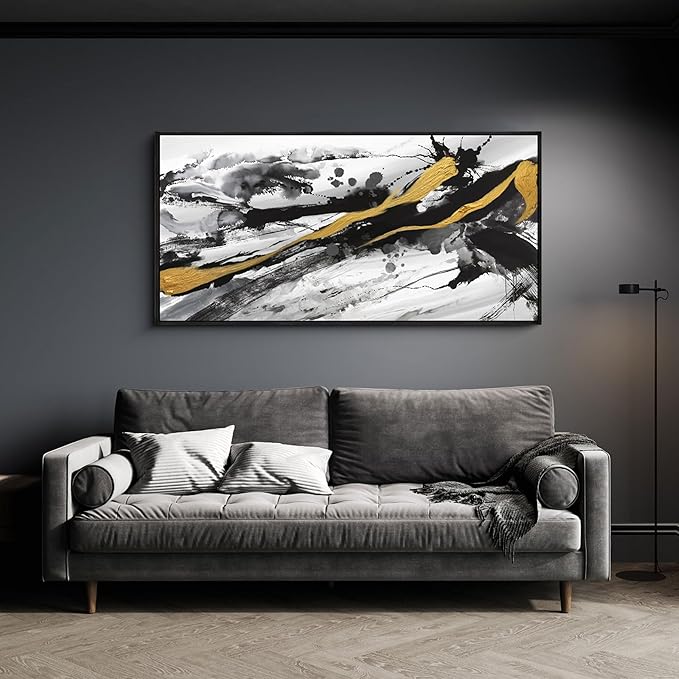 XLSJERST Black and White Abstract Wall Art - Large Frame Canvas Wall Art for Living Room Bedroom Modern Gold Ink Painting Style Picture Artwork for Wall Decor Size 24x48 Inches