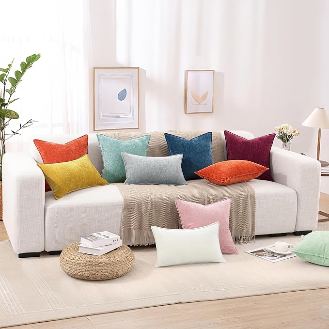 decorUhome Couch Throw Pillow Covers 18x18 Set of 2, Decorative Soft Euro Neutral Chenille Pillow Covers with Elegant Design for Sofa Bed Living Room Home Decor, Blush Pink