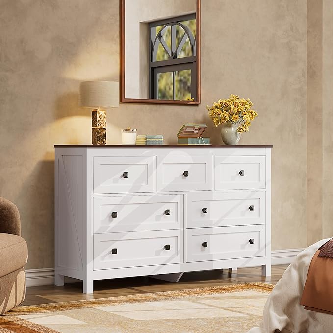WLIVE Farmhouse Dresser for Bedroom, 51.18'' Wide 7 Drawer Wood Dresser, White TV Stand for 65 inch TV, Wooden Chest of Drawers for Bedroom, Modern Clothes Organizer for Living Room, Hallway