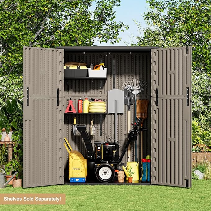 KINYING Outdoor Storage Cabinet Waterproof, 57 Cu.ft Resin Vertical Outdoor Storage Shed for Patio Furniture, Garden Tools, Pool Accessories, Mower Storage (Brown)