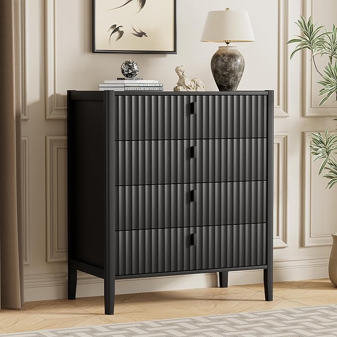 Black 4 Drawer Dresser, 31.5" Wide White Modern Dresser with Fluted Front & Metal Handles for Bedroom, Living Room