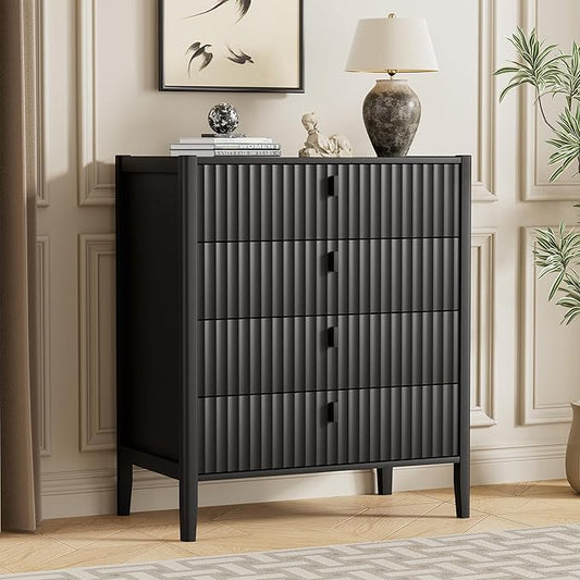 Black 4 Drawer Dresser, 31.5" Wide White Modern Dresser with Fluted Front & Metal Handles for Bedroom, Living Room