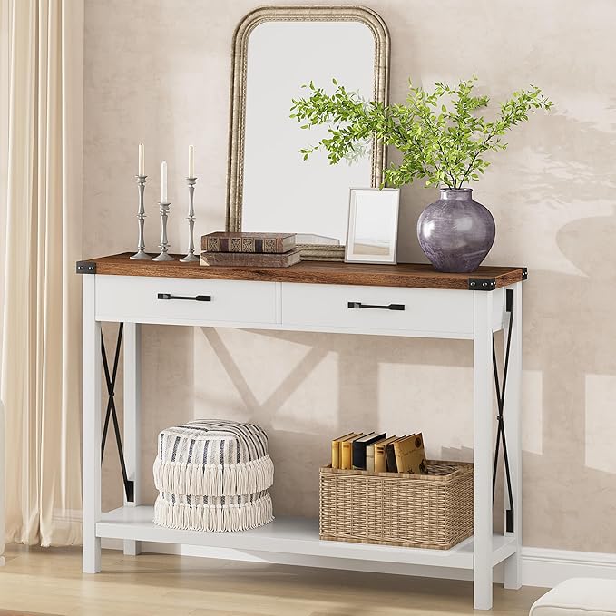 Klaesio 31-inch Side Table Suitable for Entrances, Hallways, and Living Rooms Two-Tier Narrow Sofa Side Table Industrial-Style Entrance Table with Drawers and Open Storage Shelves - White + Brown