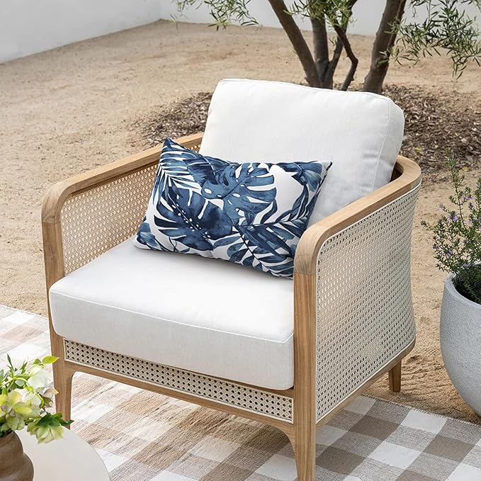 Outdoor/Indoor Lumbar Pillows, Water Repellent Cushion Pillows, 12x20 Inch, Outdoor Pillows with Inserts for Home Garden, Pack of 2, Palm Blue